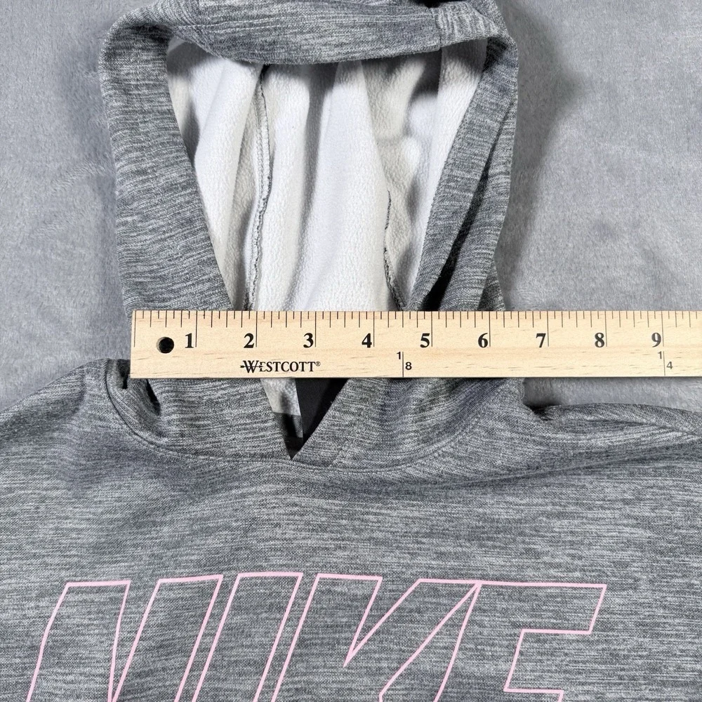 Nike Dri-Fit Hoodie Womens Medium Gray Pink Spellout Loose Fit Cropped Pullover